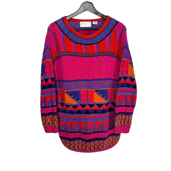 Vintage Sweaters - Vintage 90s Pink Multicolor Knit Pullover Geometric Print Sweater Large